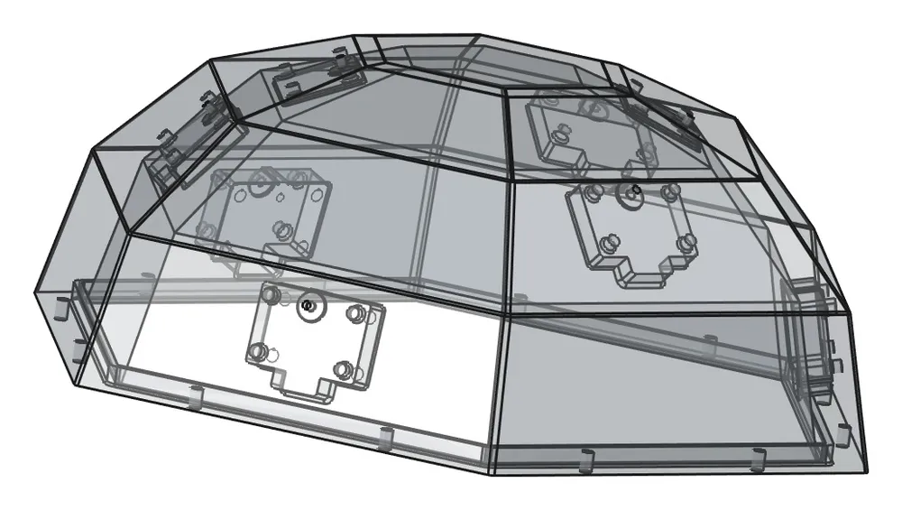 Transparente CAD-Ansicht des facettierten Array-Deckels mit Mikrofonsitzen über drei Neigungsbänder verteilt
