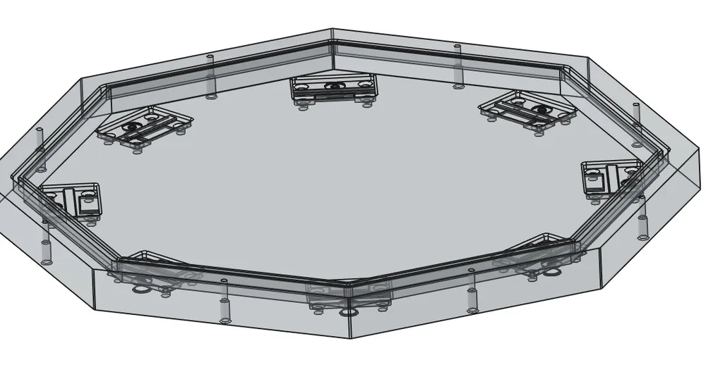 Transparente CAD-Ansicht der flachen achteckigen Array-Platte mit acht Mikrofon-Trägeraufnahmen am Rand