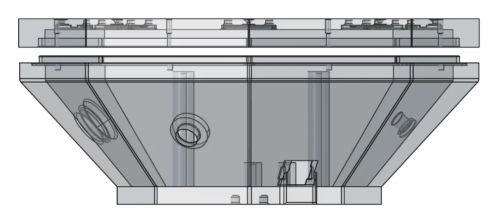Transparente CAD-Seitenansicht des vollständigen achteckigen Gehäuses, mit der Array-Platte vom konischen Unterteil abgehoben