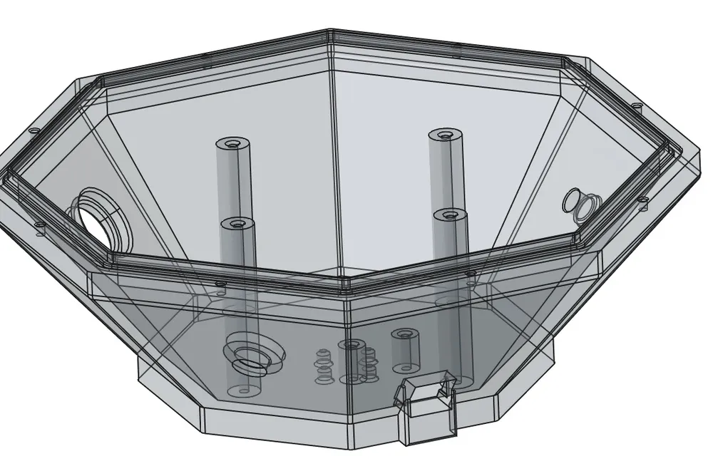 Transparente CAD-Ansicht des konischen achteckigen Basisgehäuses mit Abstandsbolzen, Kabelverschraubung und Dichtlippe