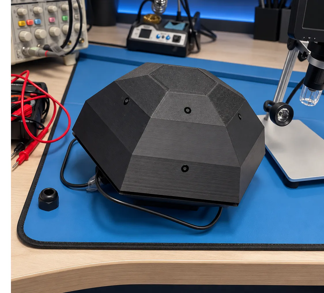 Ein facettiertes, mehrstufiges 3D-gedrucktes Gehäuse für ein akustisches Array auf einem Labortisch, mit Mikrofonöffnungen auf Facetten in mehreren Neigungswinkeln