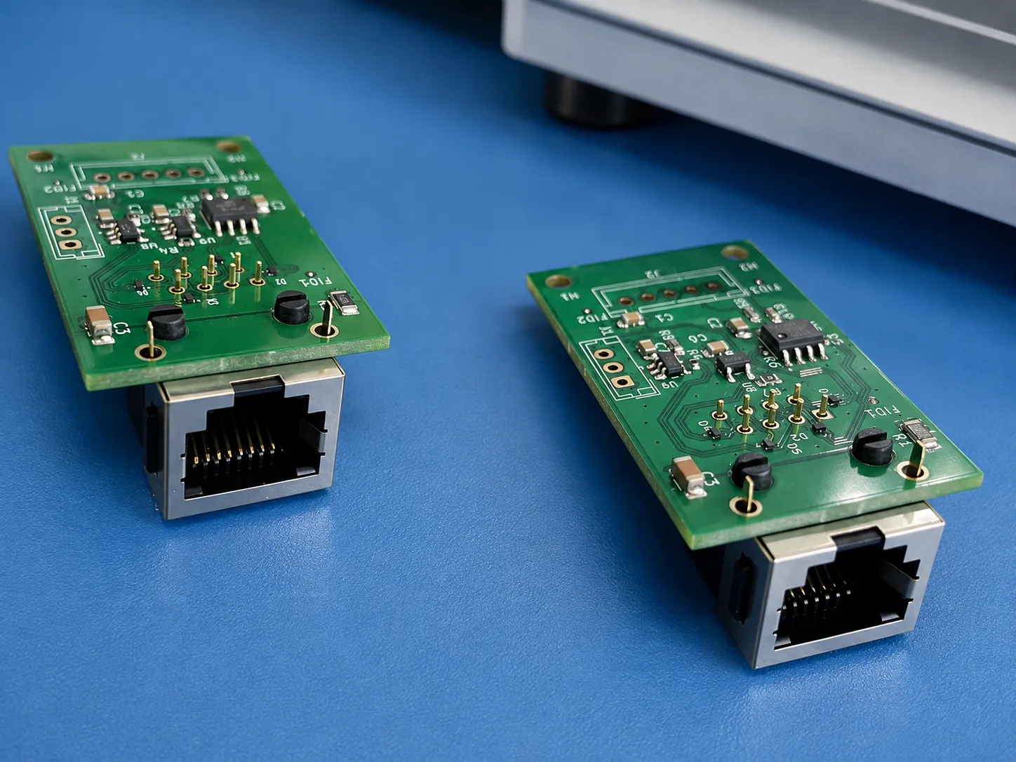Ein Paar Takt- und Datenverteilungsplatinen mit RJ45-Buchsen