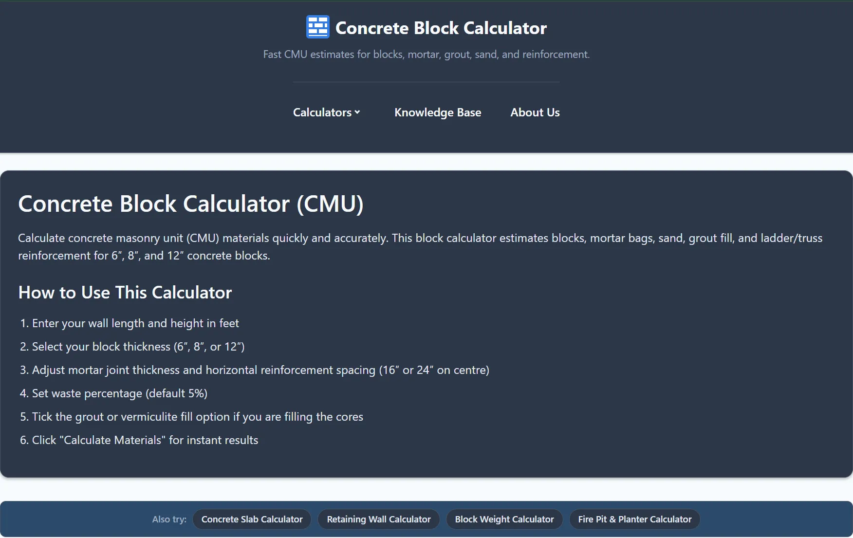 Die Website Concrete Block Calculator: ein Werkzeug für Baumaterialien mit Titel, Anleitung und Links zu verwandten Rechnern