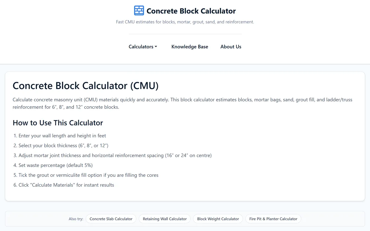 Die Startseite des Concrete Block Calculator: Kopfbereich, Anleitung und Links zu verwandten Bau-Rechnern