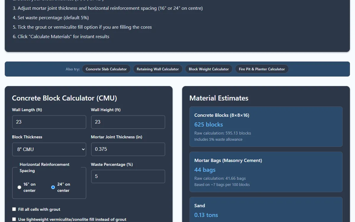 Der Concrete Block Calculator im dunklen Modus nach einer Berechnung: eine Wand von 23 mal 23 Fuß ergibt 625 Steine und 44 Sack Mörtel