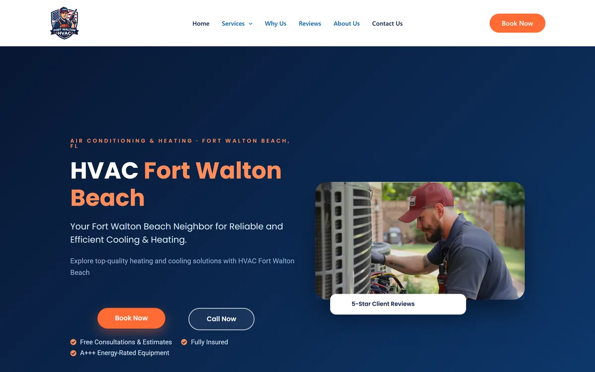 Die Startseite von HVAC Fort Walton Beach: Buchungsbutton, Leistungsüberschrift und ein Techniker an einem Außengerät